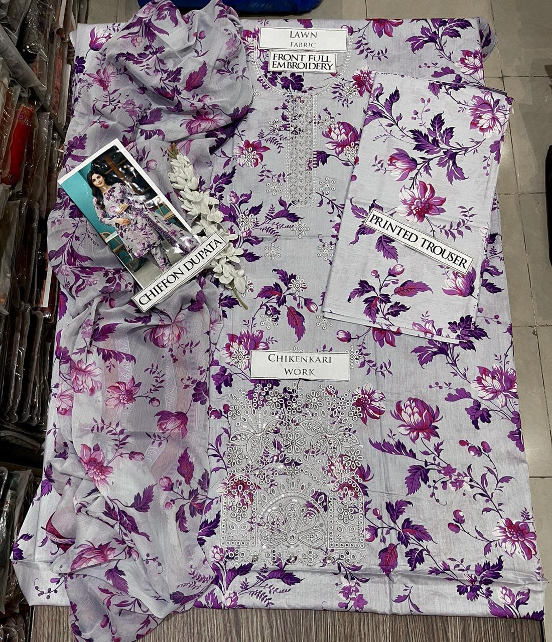 SS-100 | Unstitched | Aneelas Embroidered 3PC Lawn Suit