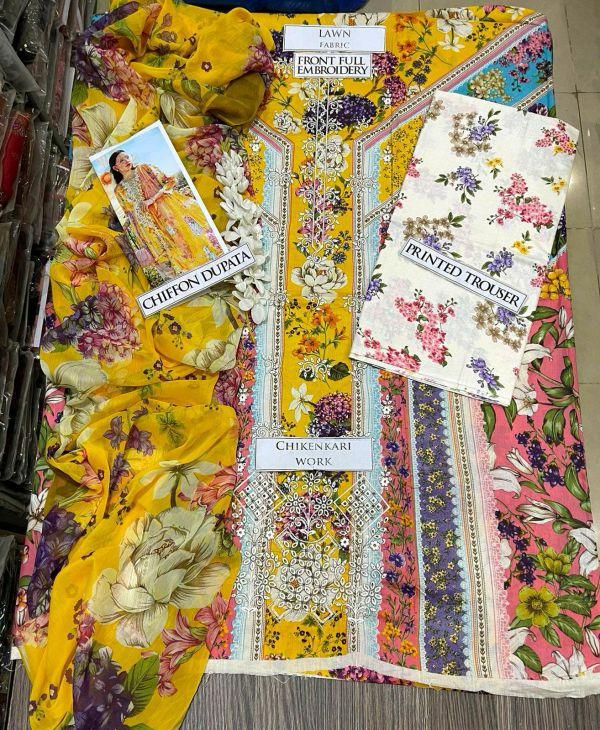 SS-208 | Unstitched | Embroidered 3PC Lawn Suit | Chiffon Dupatta