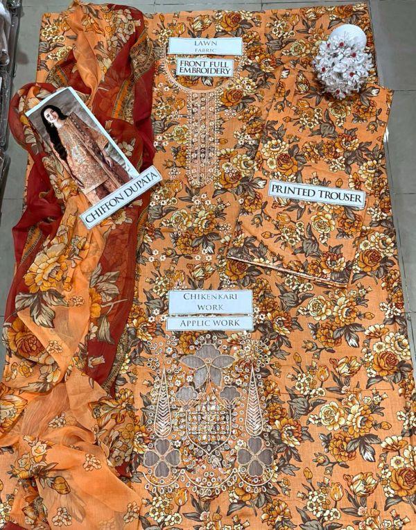 SS-204 | Unstitched | Embroidered 3PC Lawn Suit | Chiffon Dupatta
