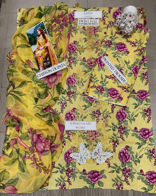 SS-206 | Unstitched | Embroidered 3PC Lawn Suit | Chiffon Dupatta