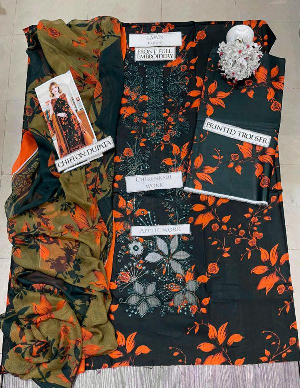 SS-205 | Unstitched | Embroidered 3PC Lawn Suit | Chiffon Dupatta
