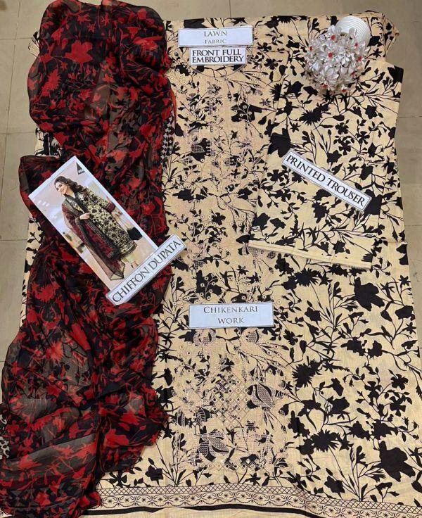 SS-202 | Unstitched | Embroidered 3PC Lawn Suit | Chiffon Dupatta