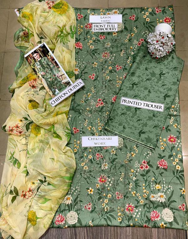 SS-201 | Unstitched | Embroidered 3PC Lawn Suit | Chiffon Dupatta