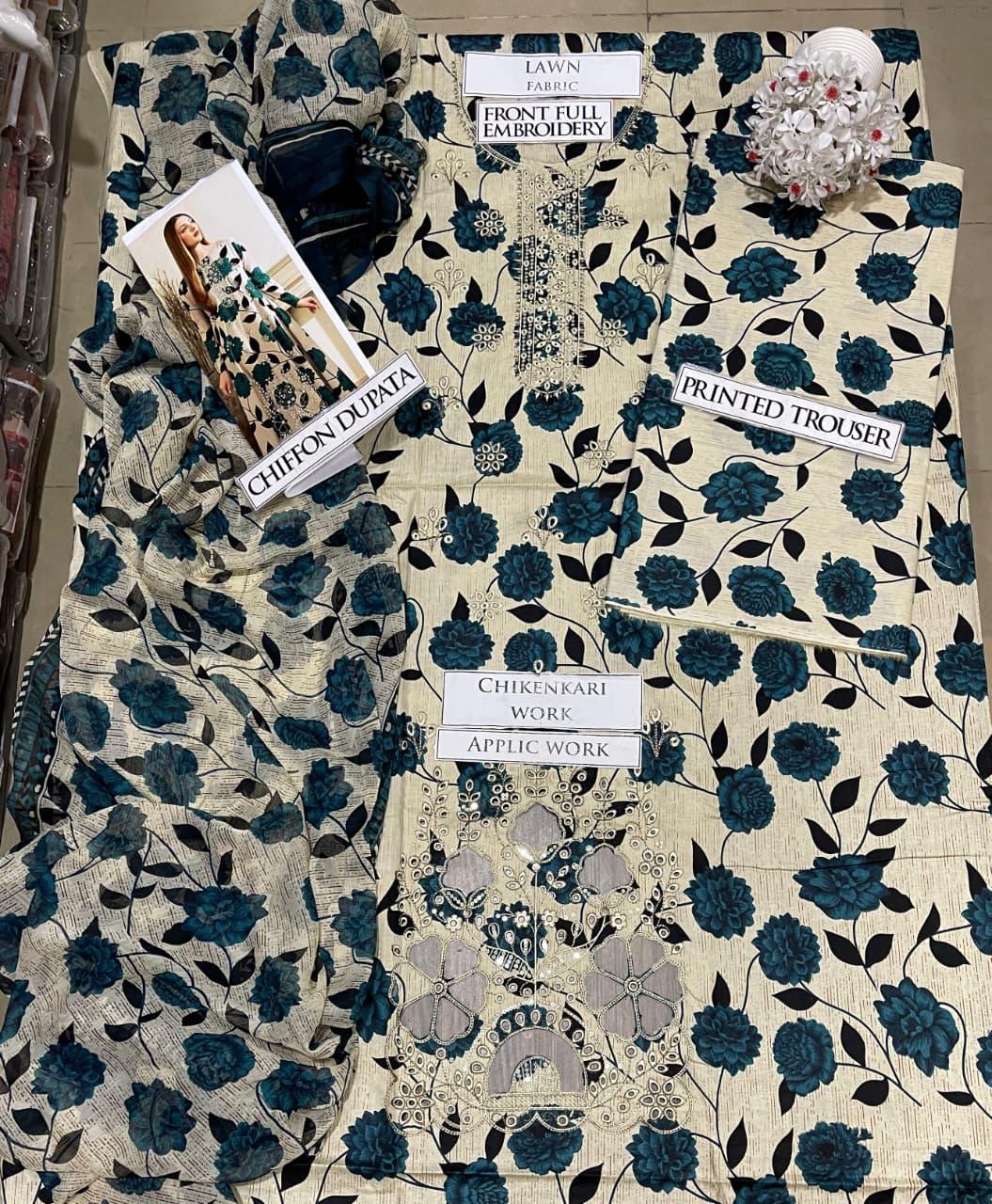 SS-207 | Unstitched | Embroidered 3PC Lawn Suit | Chiffon Dupatta